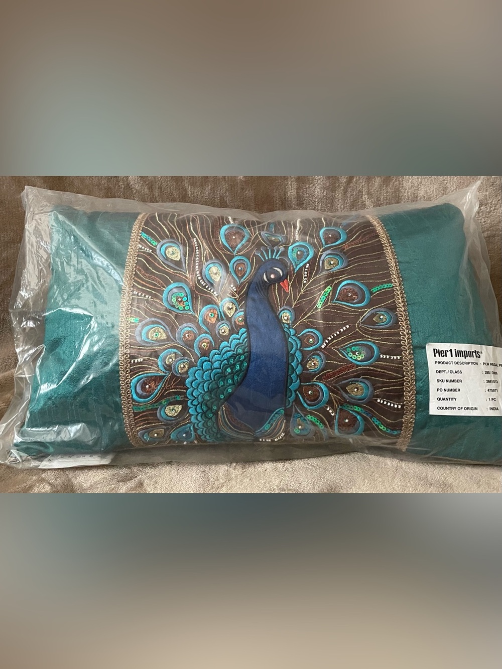 Pier 1 Teal and Brown Peacock Embroidered Accent Pillow